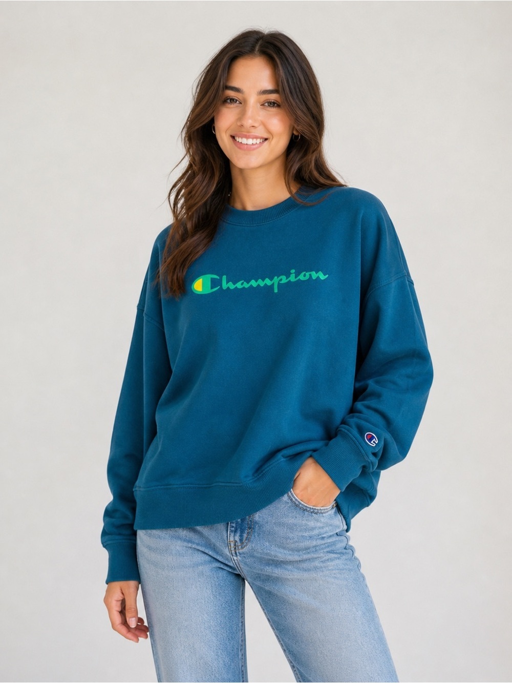 Champion Fleece Crewneck Sweatshirt Teal SZ M Unisex 🚩